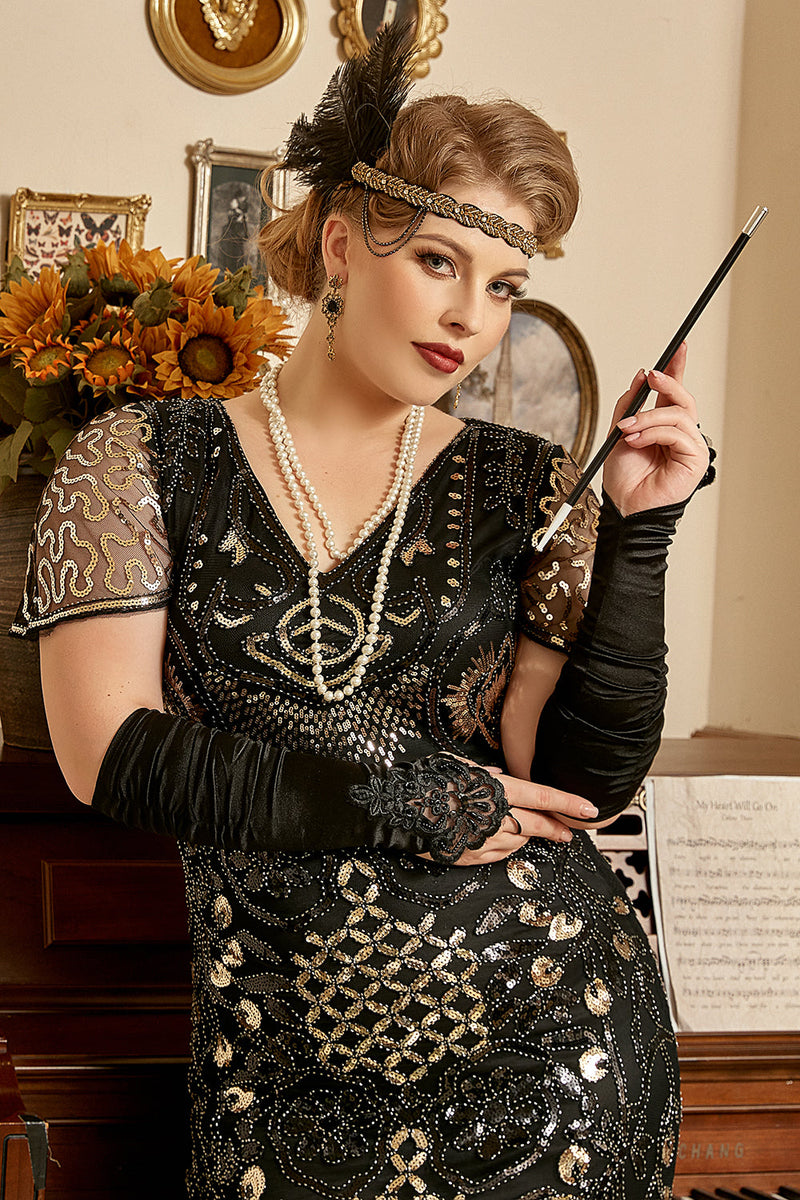 Charger l&#39;image dans la galerie, Noir Golden Perles Sequins 1920s Plus Size Robe