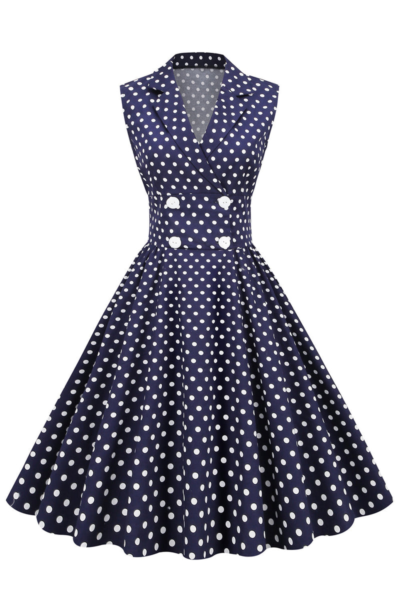 Charger l&#39;image dans la galerie, Navy V-Neck Polka Dots Robe swing des années 1950