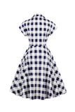 Navy Plaid Lapel Neck 1950s Robe avec poches