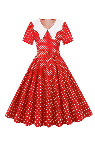 Hepburn Red Polka Dots Print Vintage Robe avec ceinture