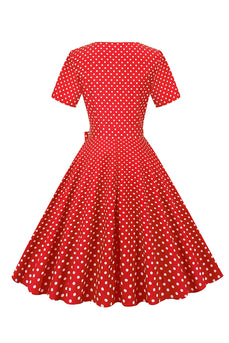 Hepburn Red Polka Dots Print Vintage Robe avec ceinture