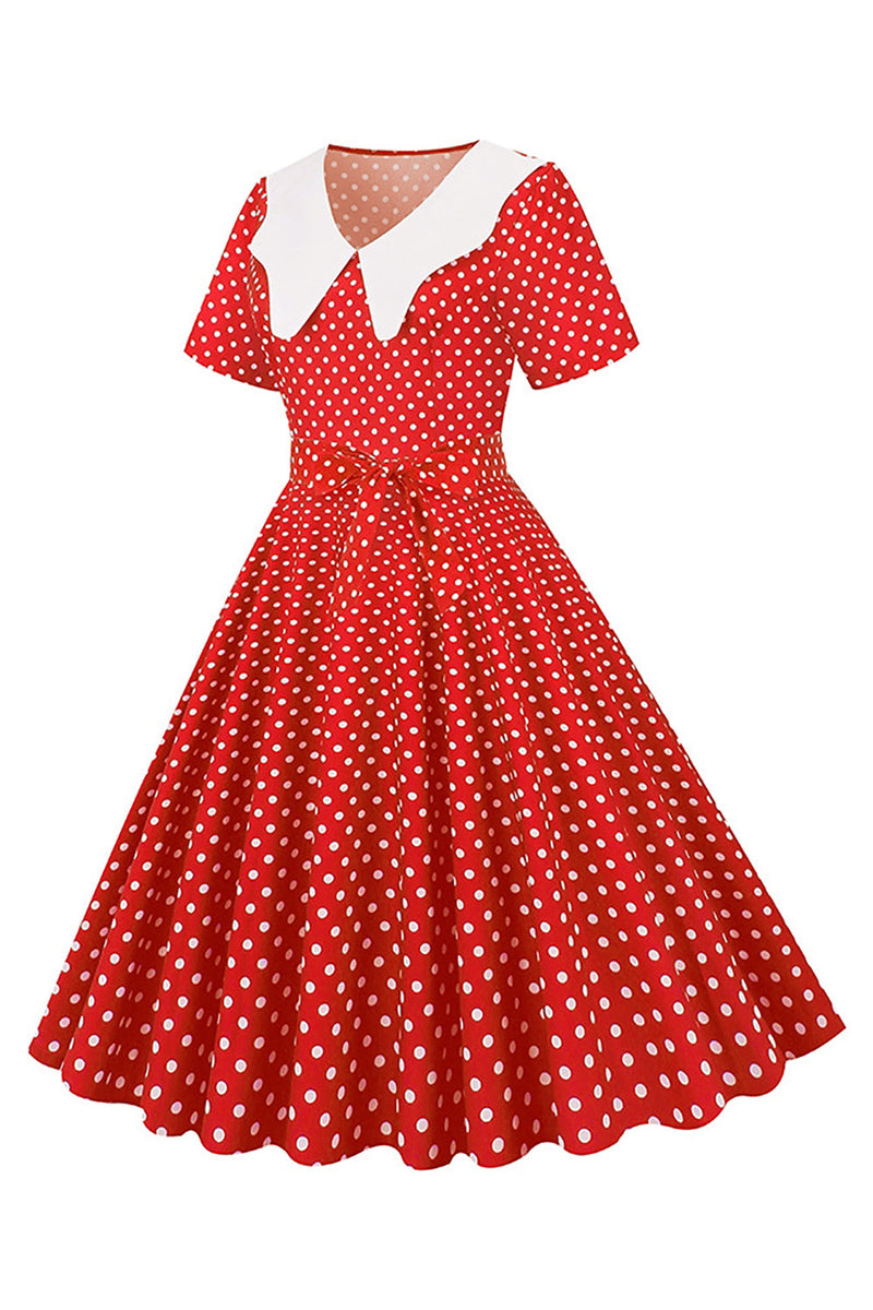 Charger l&#39;image dans la galerie, Hepburn Red Polka Dots Print Vintage Robe avec ceinture