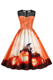 Vintage Crew Neck Lace Panel Print Robe d’Halloween
