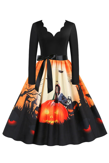 Col V Manches Longues Jack-o-lantern Imprimé Halloween Robe Rétro