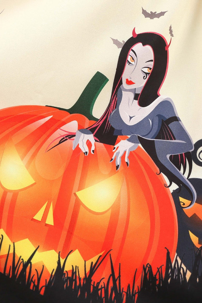 Charger l&#39;image dans la galerie, Col V Manches Longues Jack-o-lantern Imprimé Halloween Robe Rétro