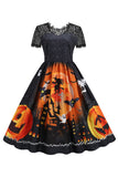 Dentelle Manches Courtes Imprimé Halloween Robe Rétro