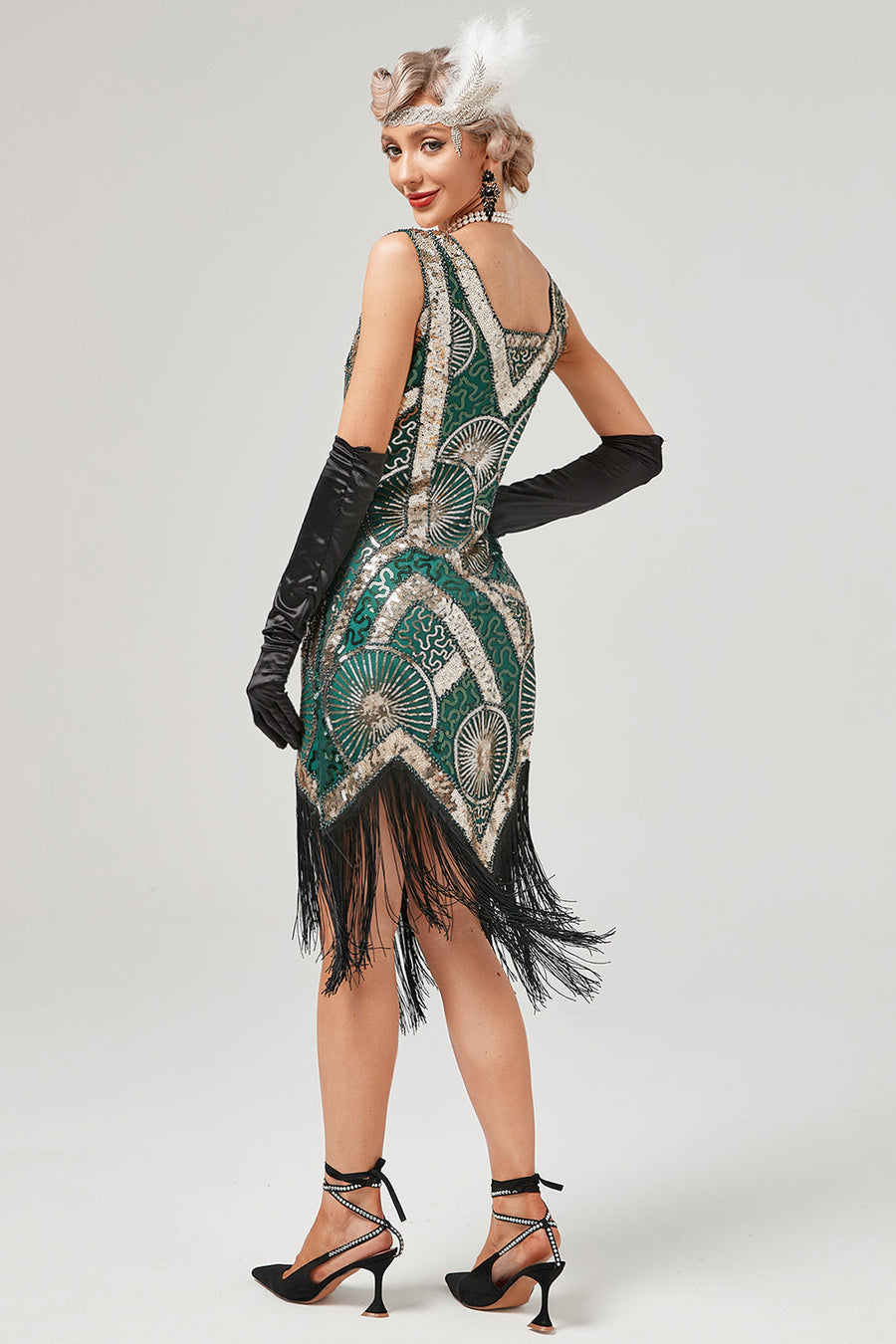 Robe Gatsby 1920 Femme - Robe De Cocktail Soirée Flapper Pailletée Frangée Col V Avec Coiffe Plumes Et Gants