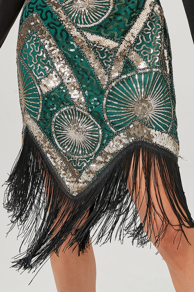 Charger l&#39;image dans la galerie, Robe à clapet vert foncé des années 20 avec franges