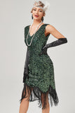 Robe Gatsby à col en V à paillettes vert foncé avec franges