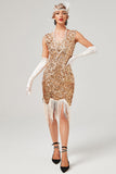 Robe Gatsby à col en V à paillettes vert foncé avec franges