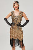 Robe Gatsby à col en V à paillettes vert foncé avec franges