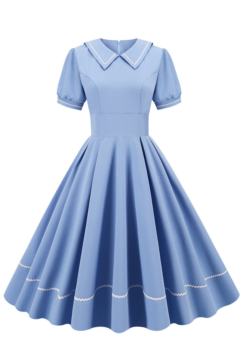 Charger l&#39;image dans la galerie, Robe de style rétro bleu ciel des années 50 à manches courtes