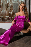 Off Shoulder Fuchsia Prom Robe de bal avec volants