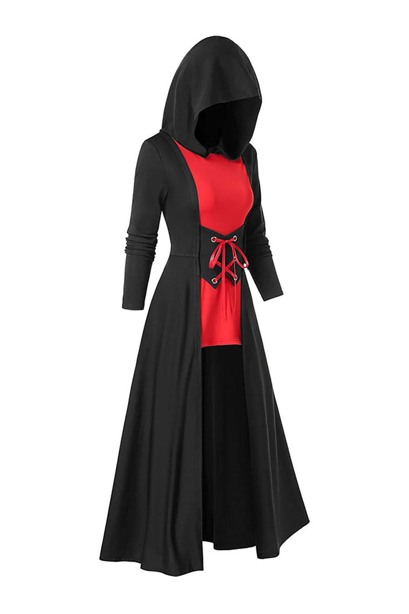 Charger l&#39;image dans la galerie, Robe d’Halloween à manches longues noire à lacets avec capuche