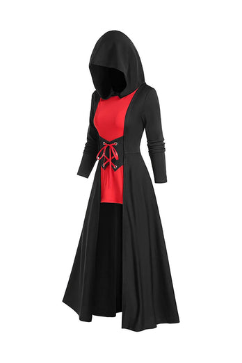 Robe d’Halloween à manches longues noire à lacets avec capuche
