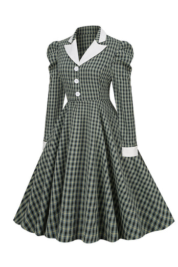 Vintage British Style Slim Fit Lapel Green Grid Robe des années 1950