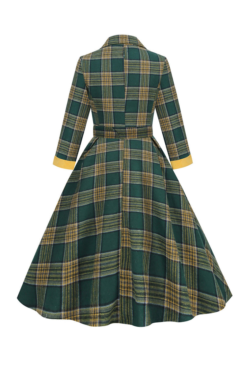 Charger l&#39;image dans la galerie, V Neck Green Grid Vintage Robe avec 3/4 Manches