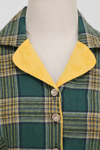 V Neck Green Grid Vintage Robe avec 3/4 Manches