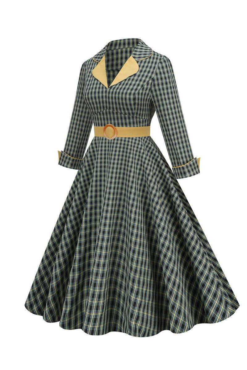 Charger l&#39;image dans la galerie, Une ligne V Col Green Gird Robe des années 1950 avec 3/4 Manches