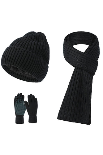 Gants de chapeau écharpe noir tricoté 3 pièces