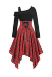 Noir Rouge Plaid Patchwork Asymétrique Robe Vintage