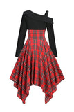 Noir Rouge Plaid Patchwork Asymétrique Robe Vintage