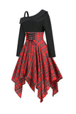 Noir Rouge Plaid Patchwork Asymétrique Robe Vintage