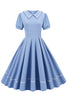 Charger l&#39;image dans la galerie, Robe bleue des années 50 de style rétro avec manches courtes