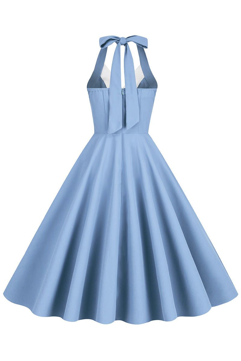 Charger l&#39;image dans la galerie, Robe Hepburn Style Halter Neck Bleu Années 50