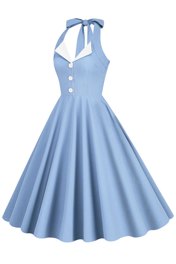 Robe Hepburn Style Halter Neck Bleu Années 50