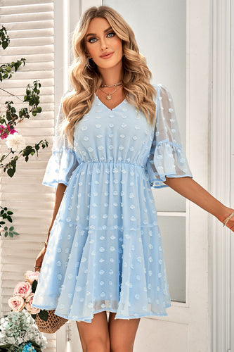 Col V bleu Mini robe d’été avec demi-manches