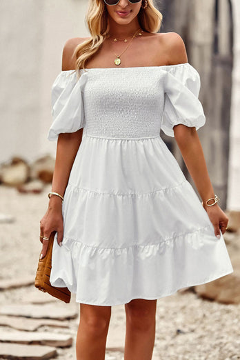 Mini robe à col carré blanc à manches courtes