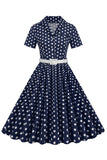 Hepburn Style V Col Blue Polka Dots 1950s Robe