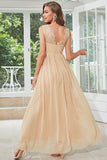 Abricot Chiffon Robe longue d’invité de mariage avec dentelle