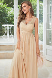 Abricot Chiffon Robe longue d’invité de mariage avec dentelle