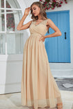 Abricot Chiffon Robe longue d’invité de mariage avec dentelle