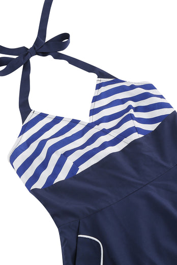 Halter Stripe Blue Swing Robe rétro avec poches