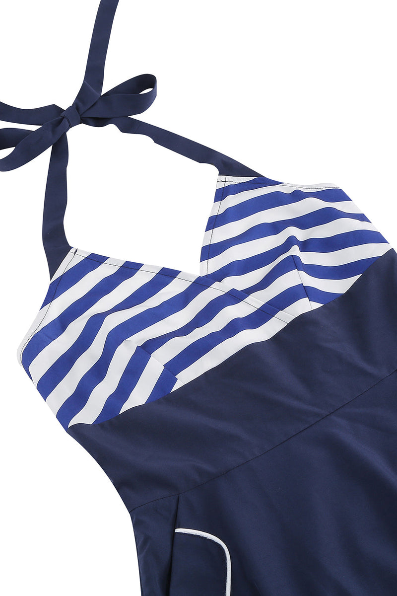 Charger l&#39;image dans la galerie, Halter Stripe Blue Swing Robe rétro avec poches