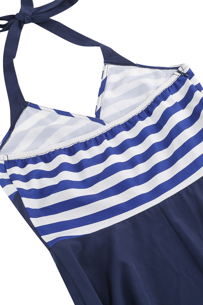 Charger l&#39;image dans la galerie, Halter Stripe Blue Swing Robe rétro avec poches
