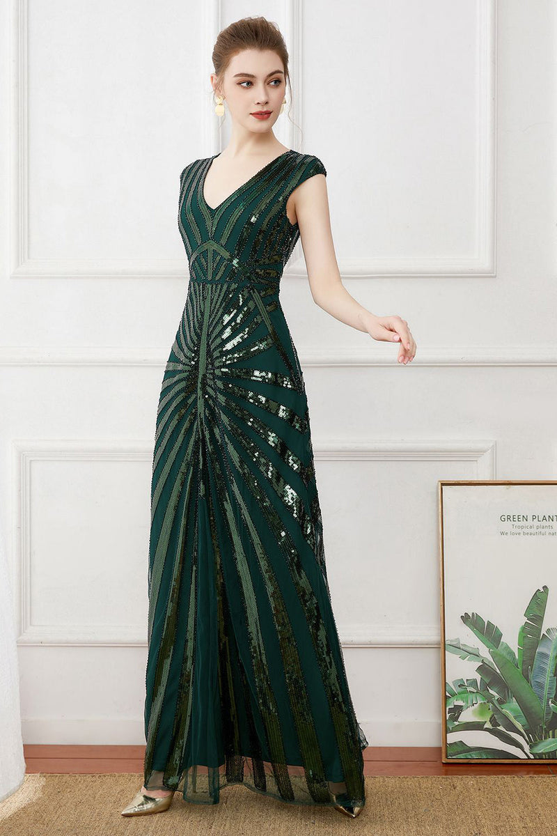 Charger l&#39;image dans la galerie, Paillettes vert foncé Robe longue des années 20 avec perles