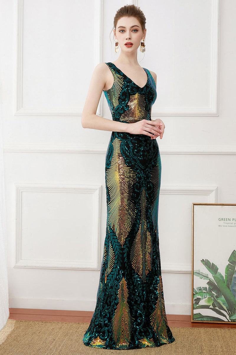 Charger l&#39;image dans la galerie, Paillettes vert foncé Gaine longue robe des années 20
