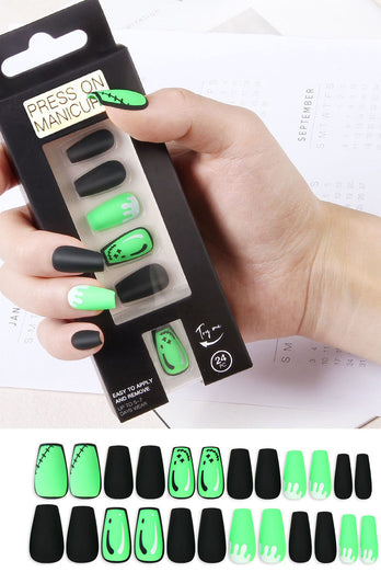 Black Green 24 Pcs Press On Nails False Nail Short Full Cover Fake Nails with Glue