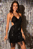 Charger l&#39;image dans la galerie, Sparkly Halter Backless Sequins Noir Robe de Cocktail Courte avec Franges