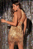 Charger l&#39;image dans la galerie, Sparkly Halter Backless Sequins Noir Robe de Cocktail Courte avec Franges