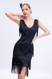 V-Neck Black Beaded Roaring 20s Gatsby Robe Flapper à Franges