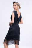 V-Neck Black Beaded Roaring 20s Gatsby Robe Flapper à Franges