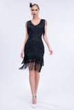 V-Neck Black Beaded Roaring 20s Gatsby Robe Flapper à Franges