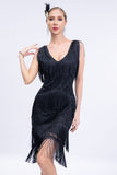 V-Neck Black Beaded Roaring 20s Gatsby Robe Flapper à Franges