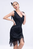 V-Neck Black Beaded Roaring 20s Gatsby Robe Flapper à Franges