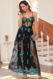 Robe de bal longue étincelante vert foncé avec paillettes